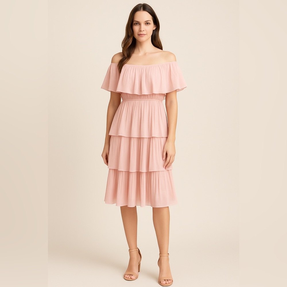 Just Me Pink Tiered Pleated Ruffle Dress Women’s Medium Spring Wedding Guest